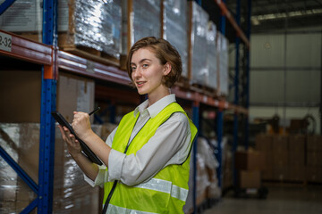 Warehouse worker checking in warehouse,This is a freight transportation and distribution warehouse. Industrial and industrial workers concept.