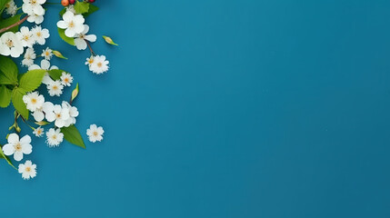 Blue background, detailed spring flower in the corner of the background.
