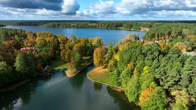AUGUSTOW, POLAND - OCTOBER, 2022: Aerial view of the Augustow Canal and Lake Necko on an autumn ,sunny day.