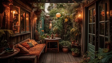 Fototapeta na wymiar cozy backyard green space bohemian decor with green pot plant, Generative Ai