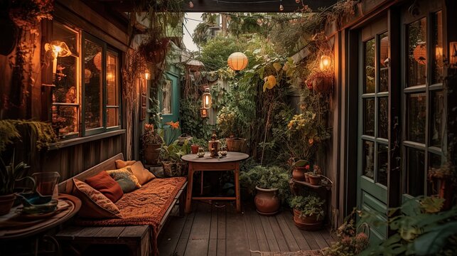 cozy backyard green space bohemian decor with green pot plant, Generative Ai