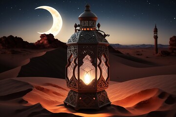 Decorative Arabic lantern with a burning candle, Moonlight in the desert