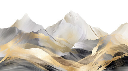 Layered mountains in abstract style, gold foil texture. 