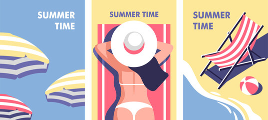 Summer time. Concept of summer party and travel. Perfect background on the theme of season vacation, weekend, beach. Vector illustration in minimalistic style for posters, cover art, flyer, banner. - obrazy, fototapety, plakaty