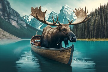A majestic Canadian bull moose with antlers traveling in a boat, Generative Ai