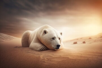 Obraz na płótnie Canvas Illustration of a polar bear resting on a sandy beach created with Generative AI technology