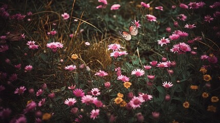 close up a butterfly glide over pink wildflowers blossom in field, nature landscape, Generative Ai