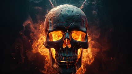 skull with flame and smoke burning in dark, Generative Ai