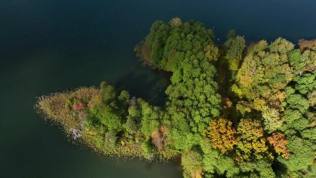 AUGUSTOW, POLAND - OCTOBER, 2022: Aerial view of the Augustow Canal and Lake Necko on an autumn ,sunny day.