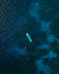 Bird's eye view of a boat in the sea in Cozumel Island, Quintana Roo, Mexico