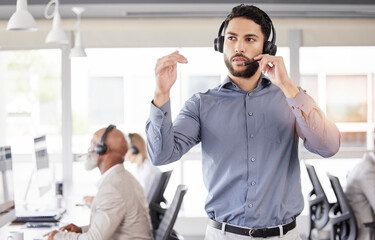 Businessman, call center or consulting headphones for customer service, telemarketing or support...