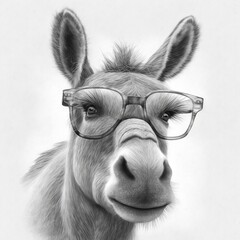 Illustration of a donkey wearing glasses, black and white