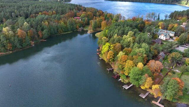 AUGUSTOW, POLAND - OCTOBER, 2022: Aerial view of the Augustow Canal and Lake Necko on an autumn ,sunny day.