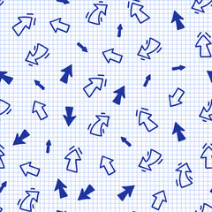 Seamless pattern with blue arrows on a checkered background in doodle style.