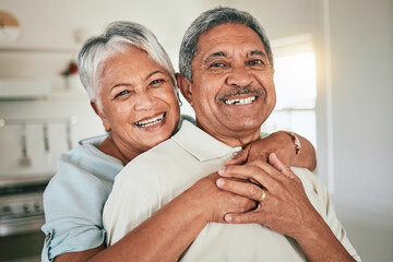 Happy face portrait, hug and old couple smile, bonding and enjoy romantic time together at home...