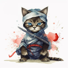 Watercolor illustration of a ninja cat. Created with generative AI