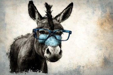 Illustration of a donkey wearing glasses created with Generative AI technology - obrazy, fototapety, plakaty
