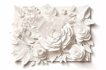 White paper art cut flowers, floral background, wedding card. Greeting card template, created with Generative AI