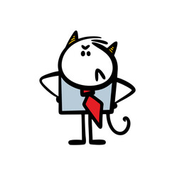 Cartoon strict businessman with horns and tail looks aggressively at employees and controls the process.