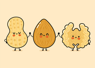 Cute, funny happy almonds, peanuts and Walnut. Vector hand drawn cartoon kawaii characters, illustration icon. Funny happy cartoon almond, peanut and Walnut mascot friends concept