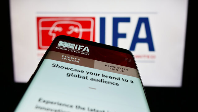 Stuttgart, Germany - 04-02-2023: Mobile phone with website of Internationale Funkausstellung Berlin (IFA) on screen in front of logo. Focus on top-left of phone display.