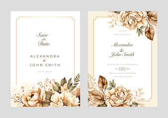 Beautiful watercolor golden brown flower wedding invitation design template
