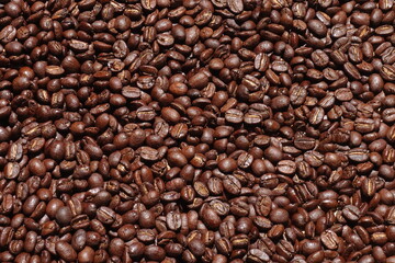 Top view of brown coffee beans, Roasted coffee beans background, Texture freshly roasted coffee beans. - 592229126