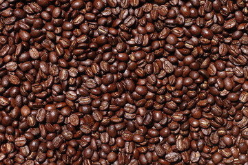 Top view of brown coffee beans, Roasted coffee beans background, Texture freshly roasted coffee beans. - 592229179