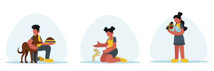 Set of cartoon characters of young people spending time with dogs. Charity for domestic animals. Volunteers playing with pets. Social active youth. Vector