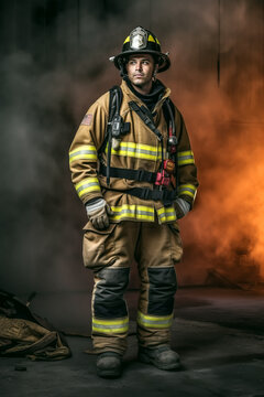FIREFIGHTER IN A FIRE. WHOLE BODY, AI ILLUSTRATION, COLOR, HORIZONTAL