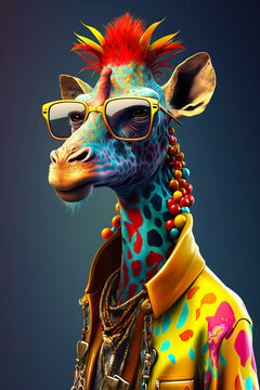 Cartoon colorful giraffe with sunglasses. Created with generative AI