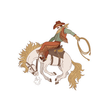 Cowboy rodeo on wild horse. Vector illustration isolated on white. 