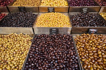 Olive market in a turkish market. Tasty mediterranean food. Turkey