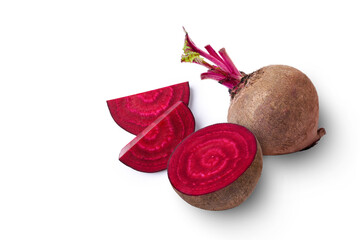 Closeup beetroot (beet root) and cut in half sliced isolated on white background. Top view. Flat...
