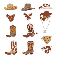Wild west cowgirl cowboy accessories. Western Rodeo retro boots, hat, bandana. Vector illustration isolated on white. 