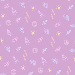 Seamless pattern with doodle elements in pastel colors on a pink background in doodle style.