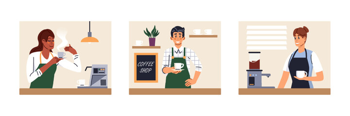 Set of different cartoon characters of young people working as baristas. Group of professional coffee shop workers. Making coffee at cafe. Small business owners. Vector