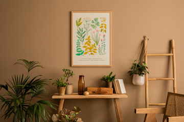 Warm composition of living room interior with mock up poster frame, plants in flowerpots, rattan...