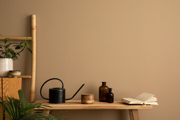 Minimalist composition of living room interior with copy space, wooden bench, black can, glass bottle, books, plants in flowerpots, ladder and personal accessories. Home decor. Template.