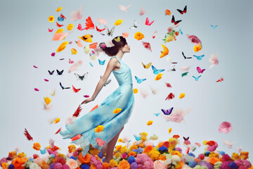 woman flower fashion colorful art beauty flying peony elegance spring falling. Generative AI.