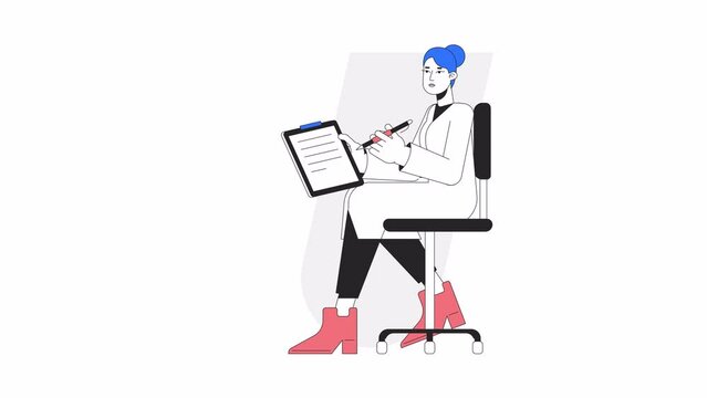 Doctor writes on clipboard animation. Animated female physician on office chair 2D cartoon flat colour line character. 4K video concept footage on white with alpha channel transparency for web design