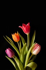 Obraz na płótnie Canvas Vertical of a bunch of colorful tulips on stems and green leaves isolated on black background.