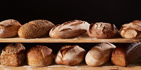 Bunch of appetizing freshly baked loaves of bread on wooden shelves against a black background.