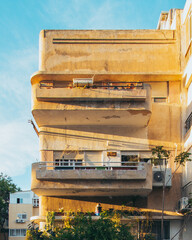 Tel Aviv, Israel - April 21, 2022: Bauhaus old building in Tel Aviv on a sunset