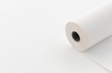 unwound paper roll, copy space, isolated on white background
