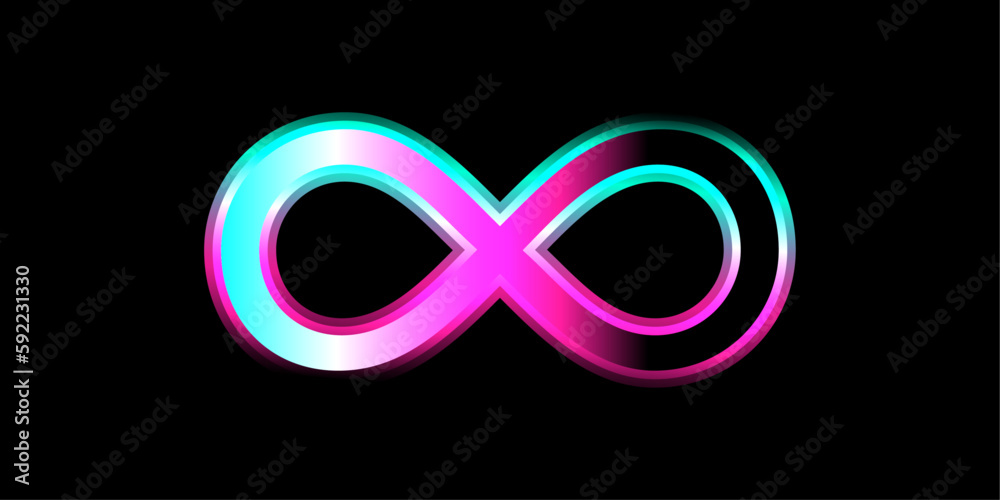 Poster 3d lines infinity symbol in colorful spectrum glitch light isolated on black background in concept o