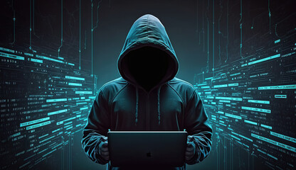 Hacker in hoodie breaking into data server dark theme. Generative AI