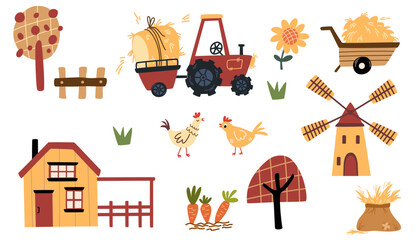Farm set. Rural houses, windmill, tractor with hay, chickens, trees and crops. Agriculture collection, rural elements. Vector cartoon illustration isolated on the white background. 