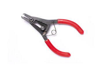 Wire stripper plier isolated on white background with clipping path. Top view, flat lay.