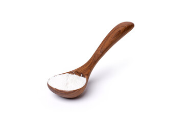 Closeup tapioca starch (potato flour or powder) in wooden spoon isolated on white background.